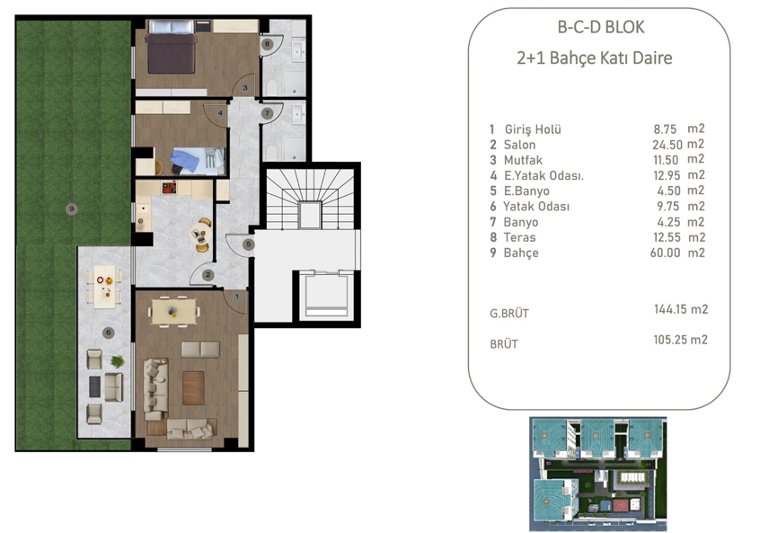 B-C-D BLOK 2+1 Bahçe Kati Daire
