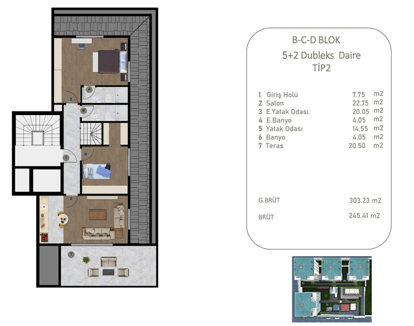 B-C-D BLOK 5+2 Dubleks Daire TIP2