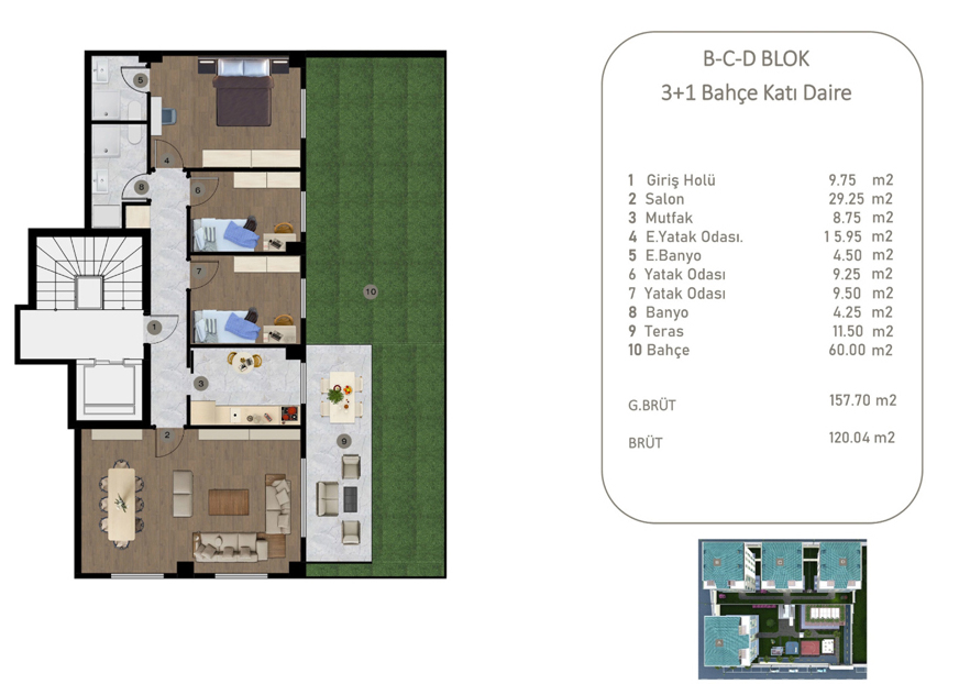 B-C-D BLOK 3+1 Bahçe Kati Daire