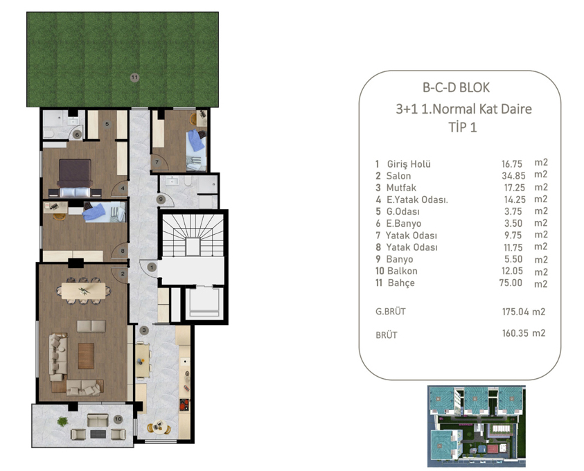 B-C-D BLOK 3+1 1.Normal Kat Daire TiP