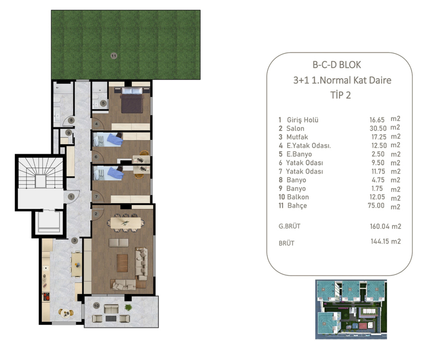 B-C-D BLOK 3+1 1.Normal Kat Daire TiP