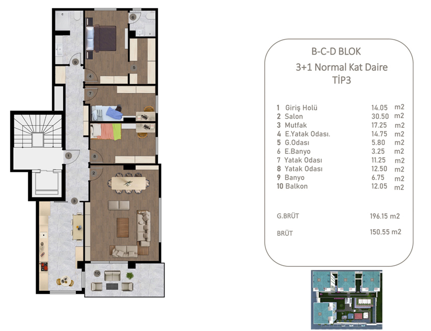 B-C-D BLOK 3+1 Normal Kat Daire TIPЗ
