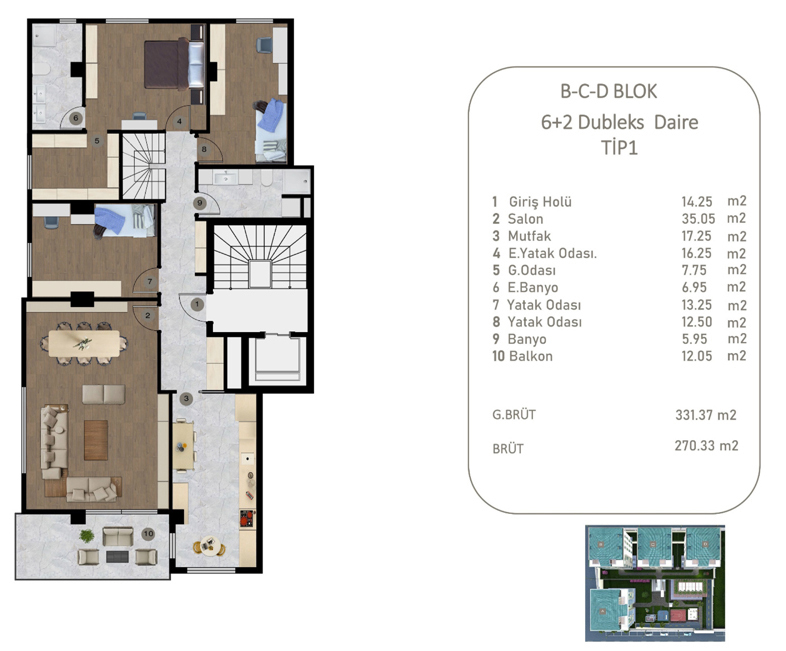 B-C-D BLOK 6+2 Dubleks Daire TIP1