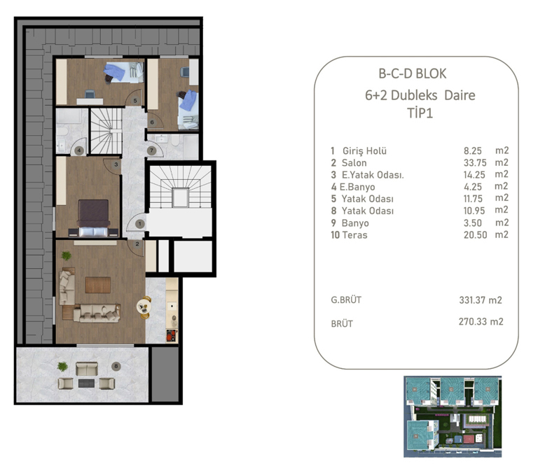 B-C-D BLOK 6+2 Dubleks Daire TIP1